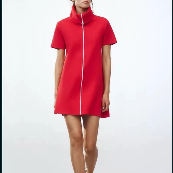 ZARA Red Short Sleeve Zipper Collar Dress Mini A-Line Size M - Picture 4 of 8